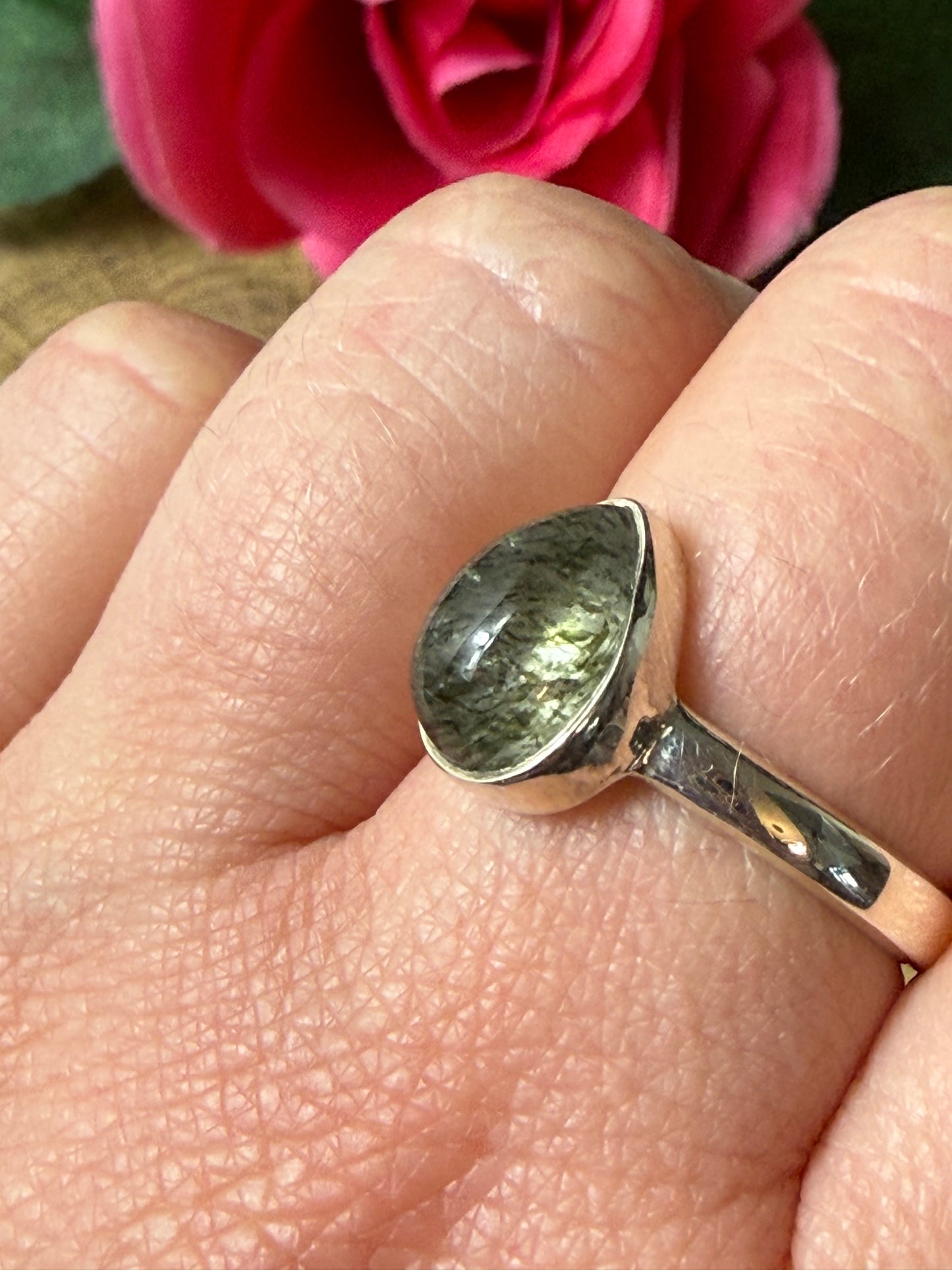 Green Rutile 925 Silver Ring - Size M 1/2 - N