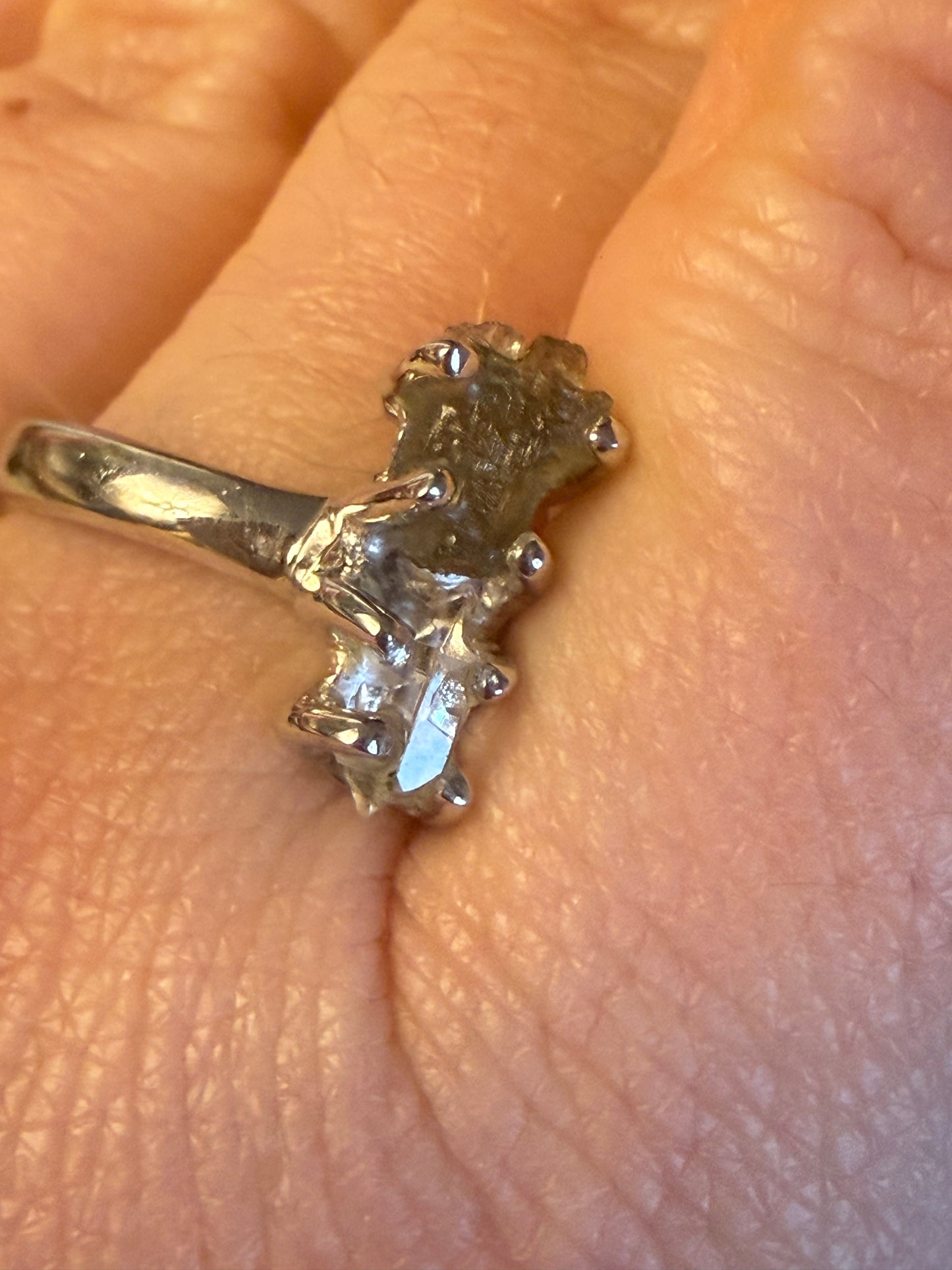 Herkimer diamond & Moldavite 925 Silver Ring - Size R