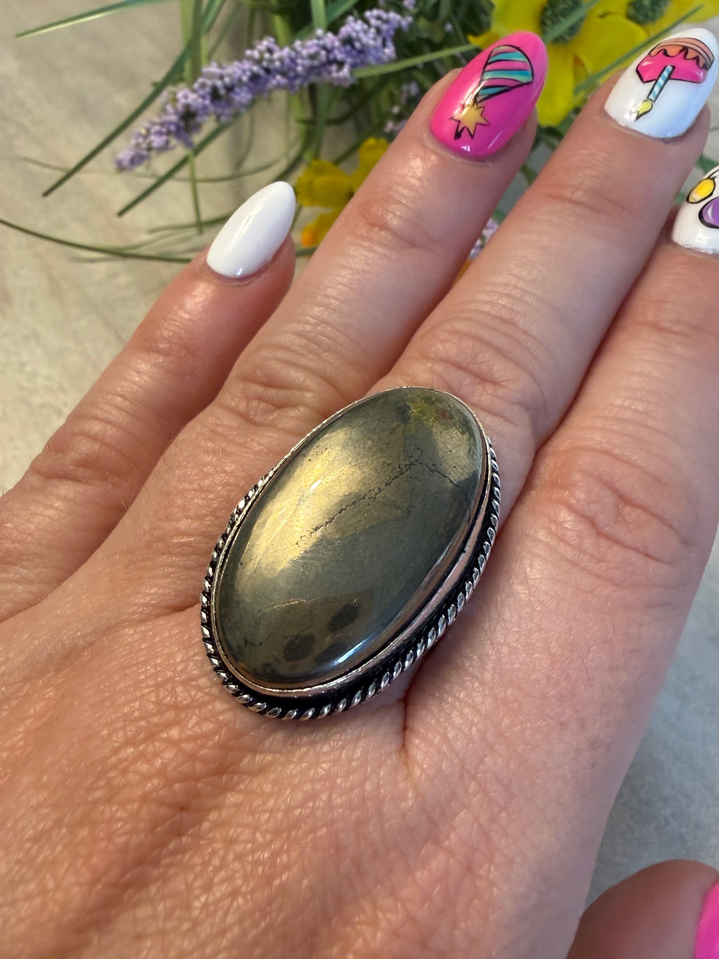Pyrite Silver Plated Ring - Size N