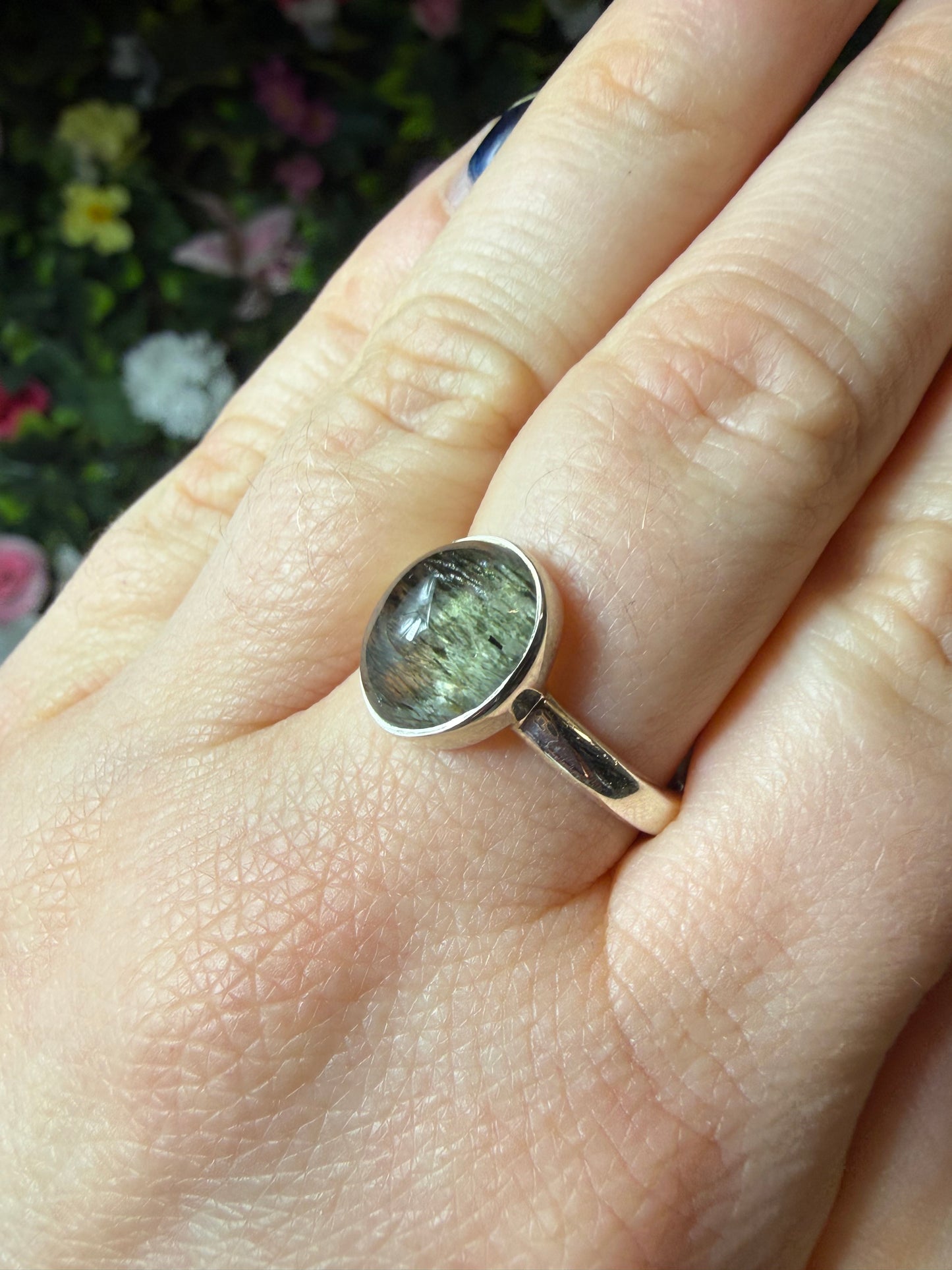 Green Rutile 925 Silver Ring - Size Q