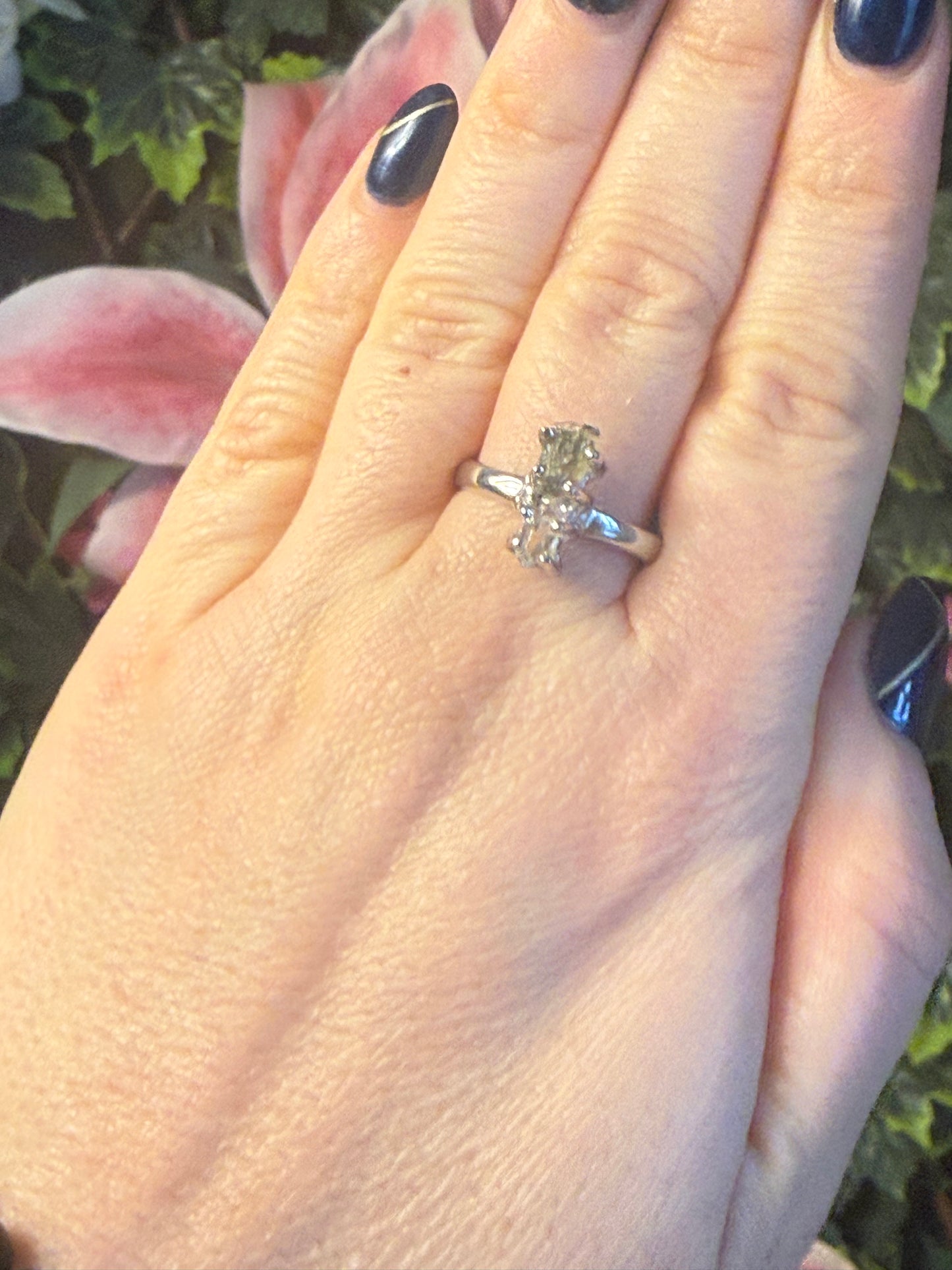 Herkimer diamond & Moldavite 925 Silver Ring - Size R