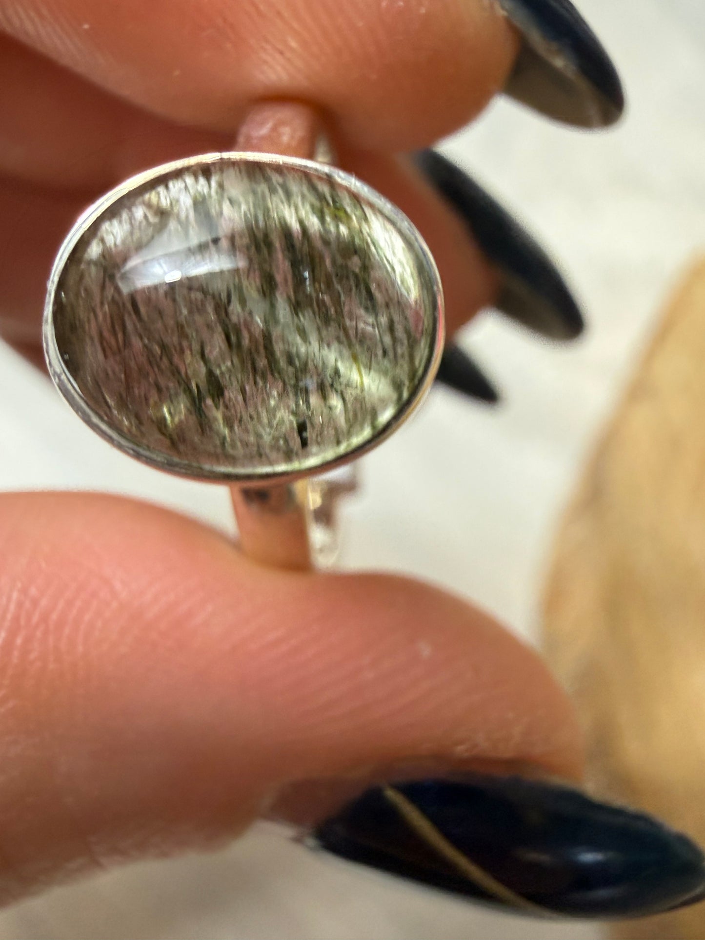 Green Rutile 925 Silver Ring - Size Q