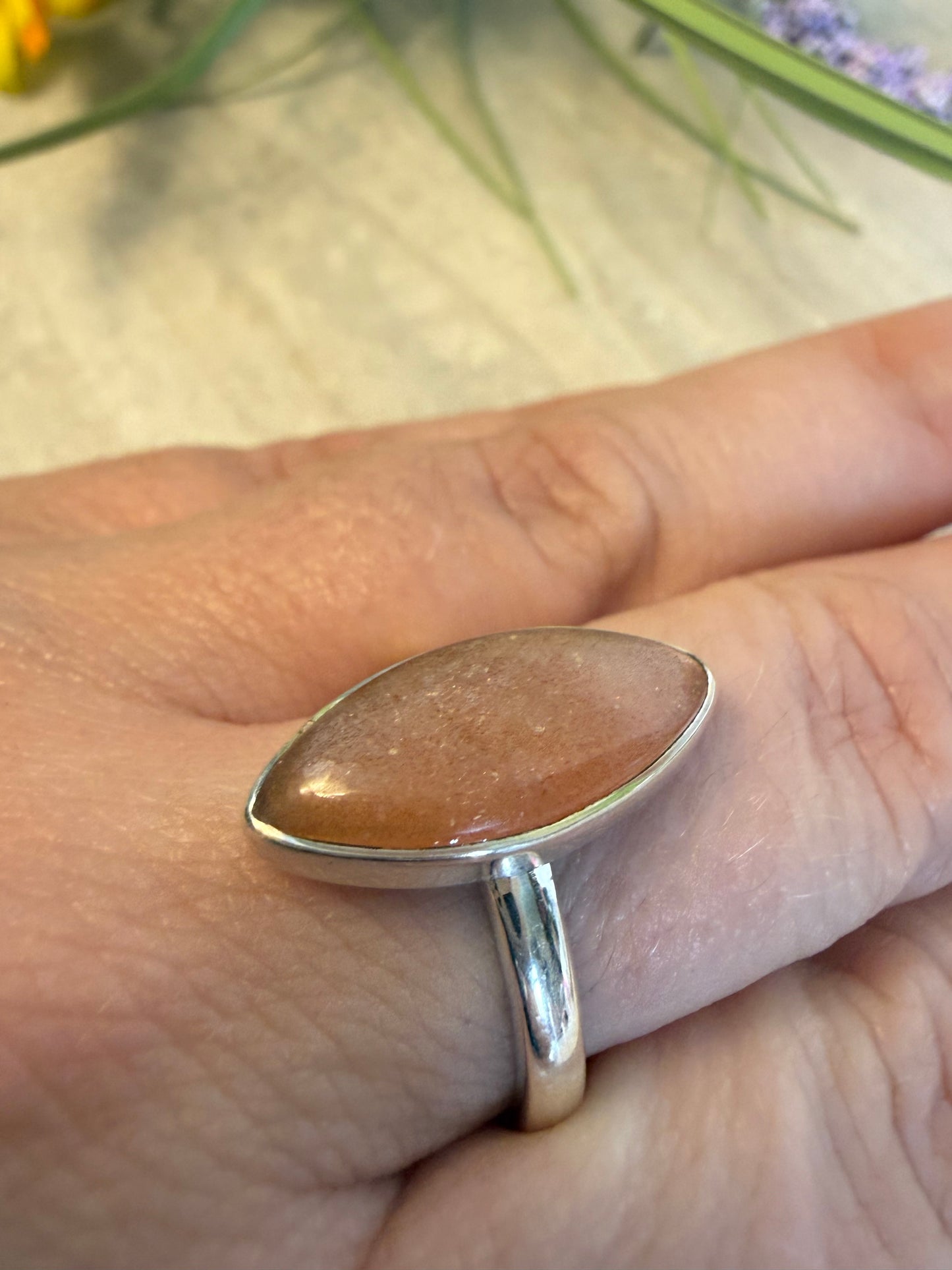 Peach Moonstone Adjustable 925 Silver Ring