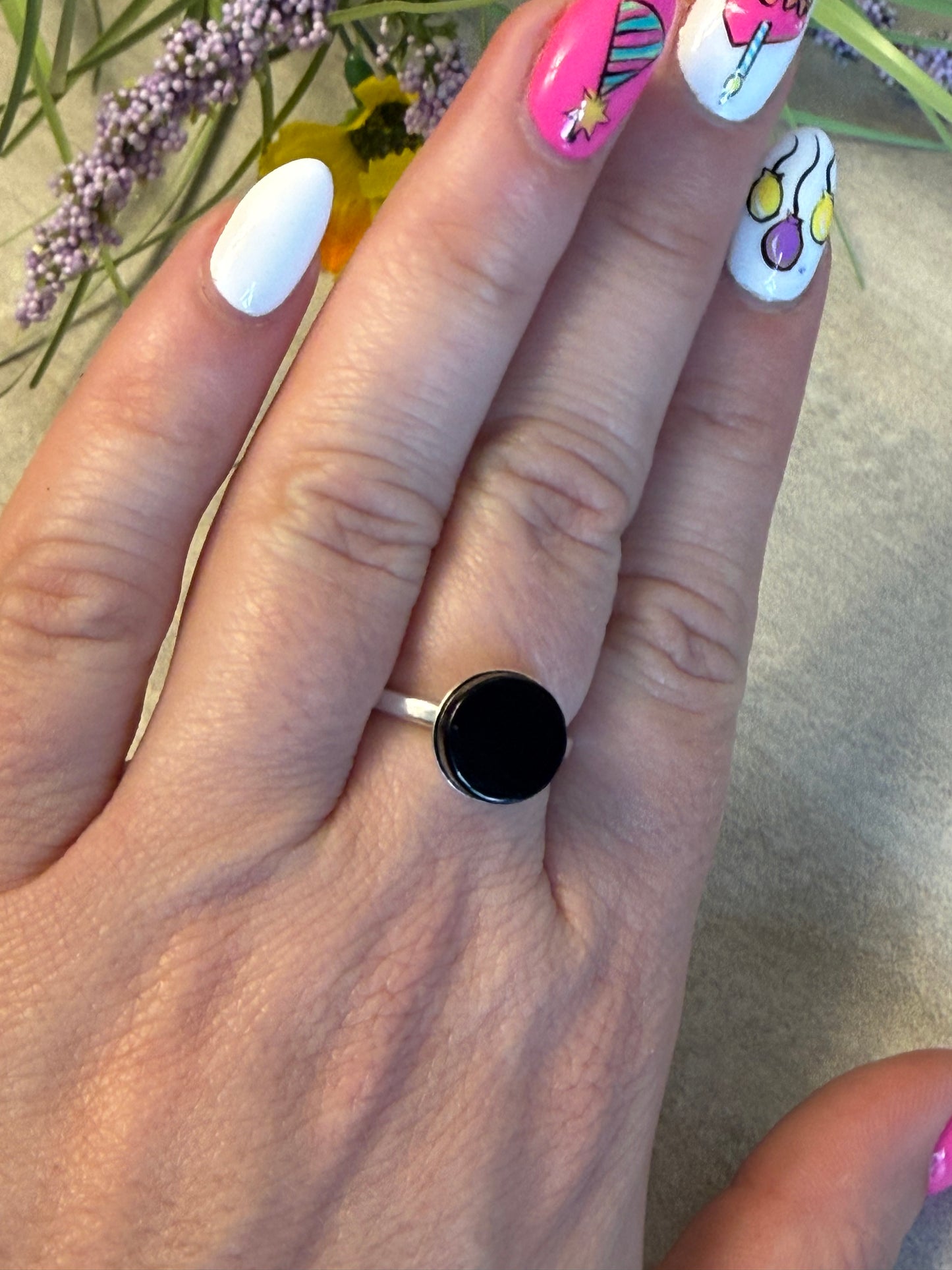 Handmade Black Agate 925 Silver Ring - Size N - N1/2