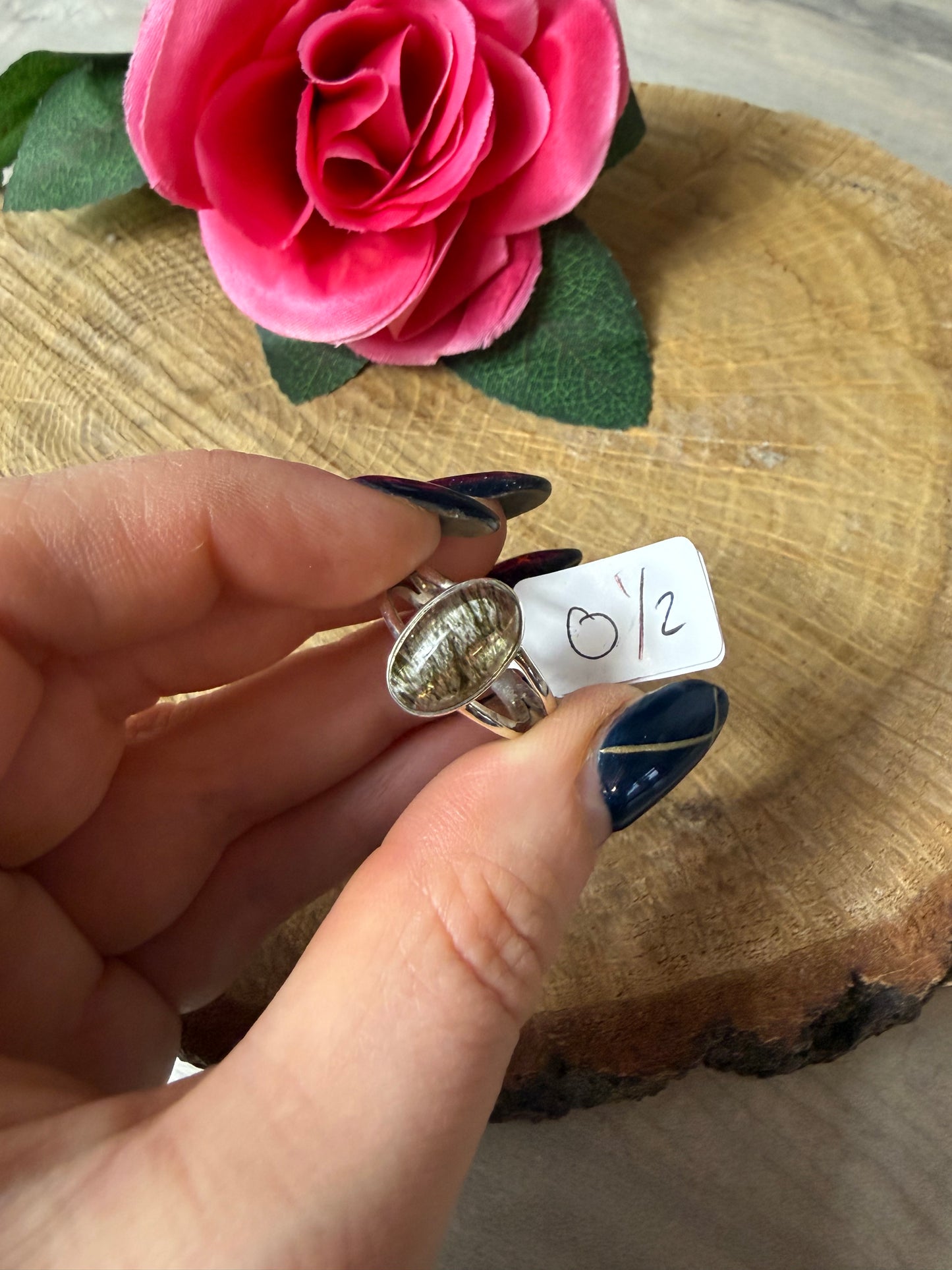 Green Rutile 925 Silver Ring - Size O 1/2