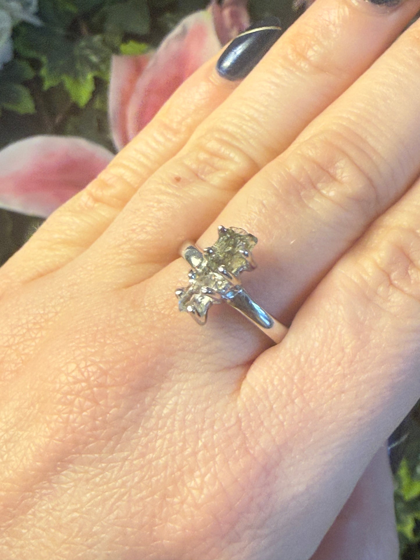 Herkimer diamond & Moldavite 925 Silver Ring - Size R