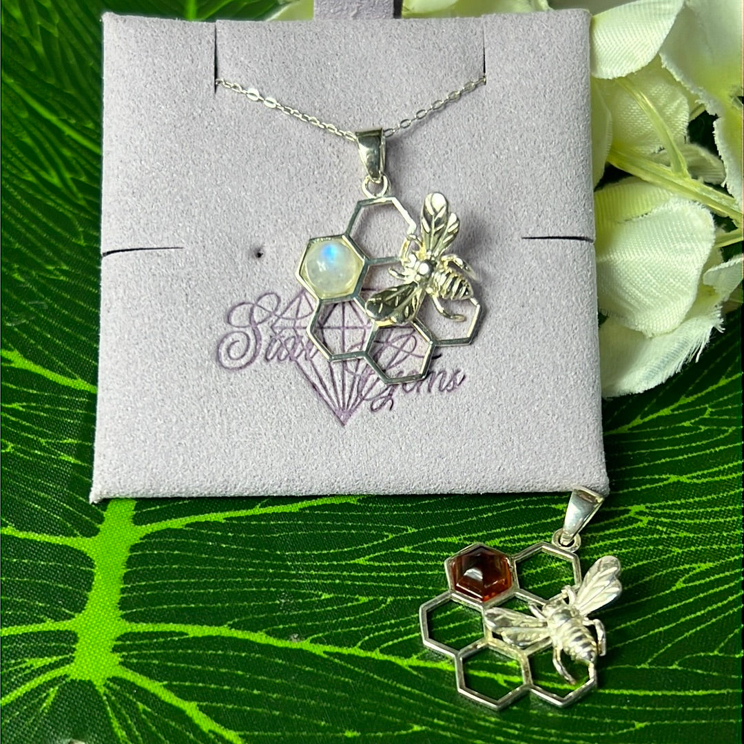 Moonstone Bee Honeycomb 925 Sterling Silver Pendant