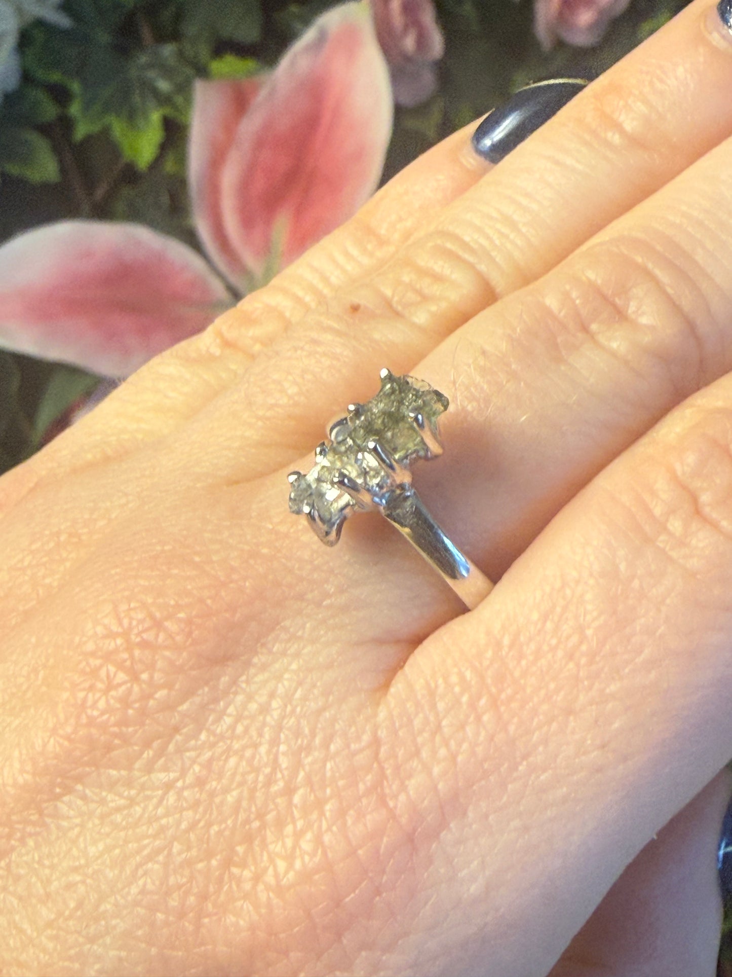 Herkimer diamond & Moldavite 925 Silver Ring - Size R