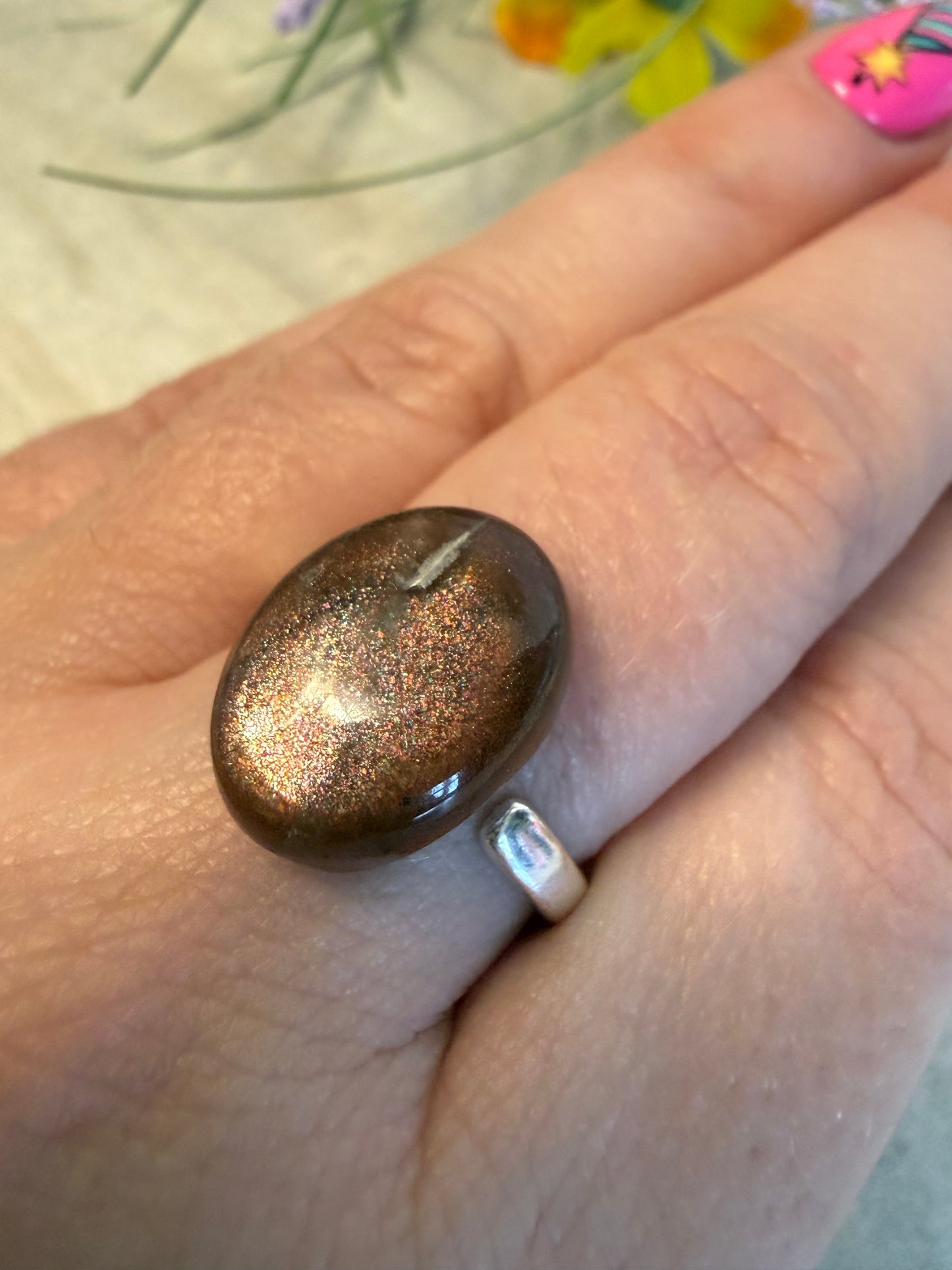 Handmade Confetti Sunstone Adjustable 925 Silver Ring