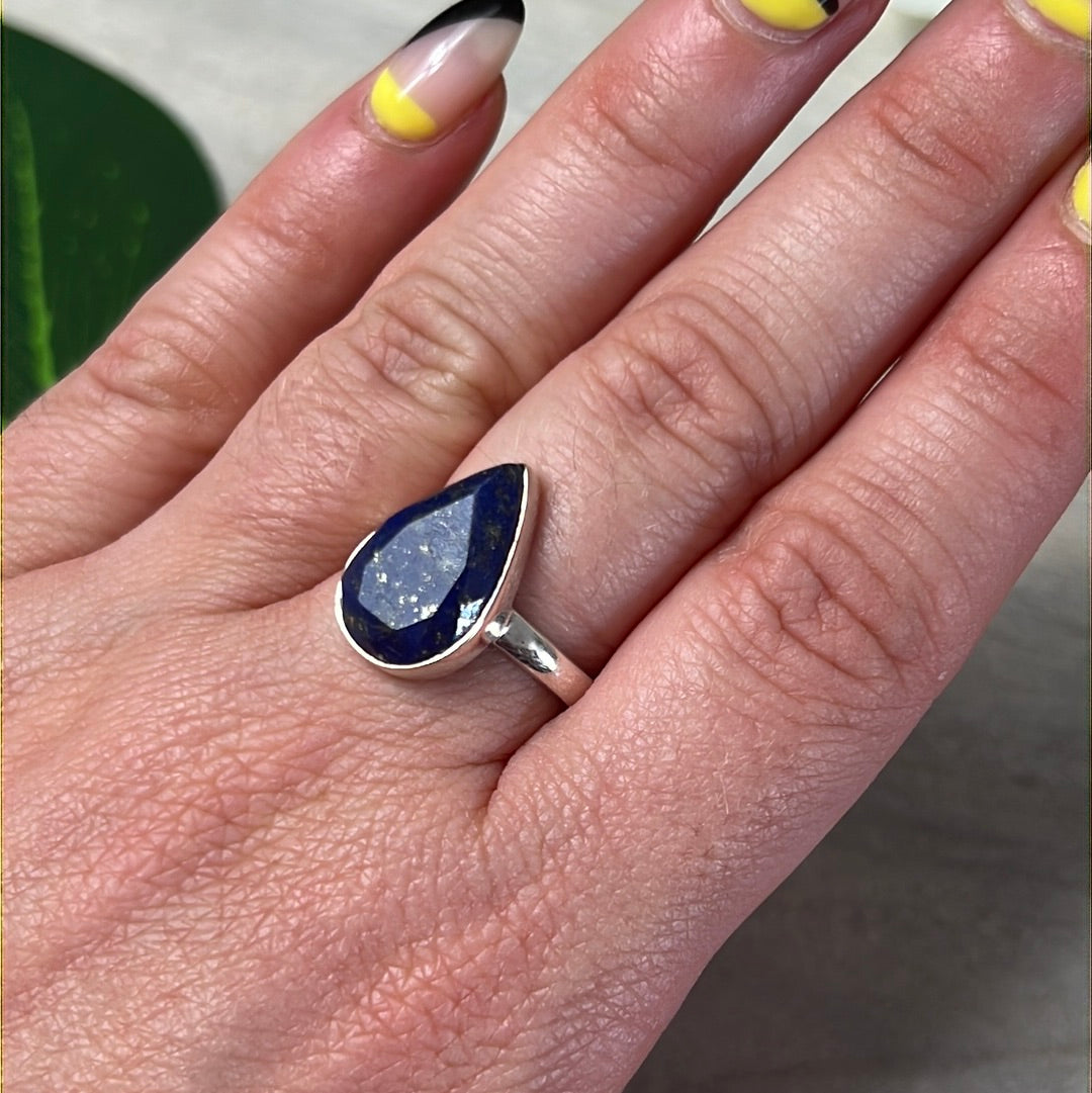 Lapis Facet 925 Sterling Silver Ring - Size N 1/2