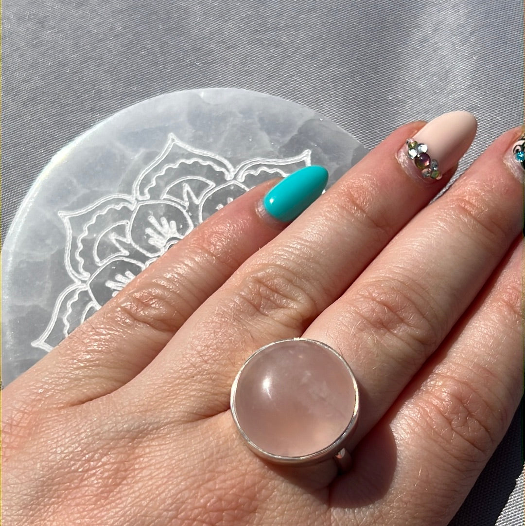 Rose Quartz 925 Sterling Silver Ring - Size P 1/2