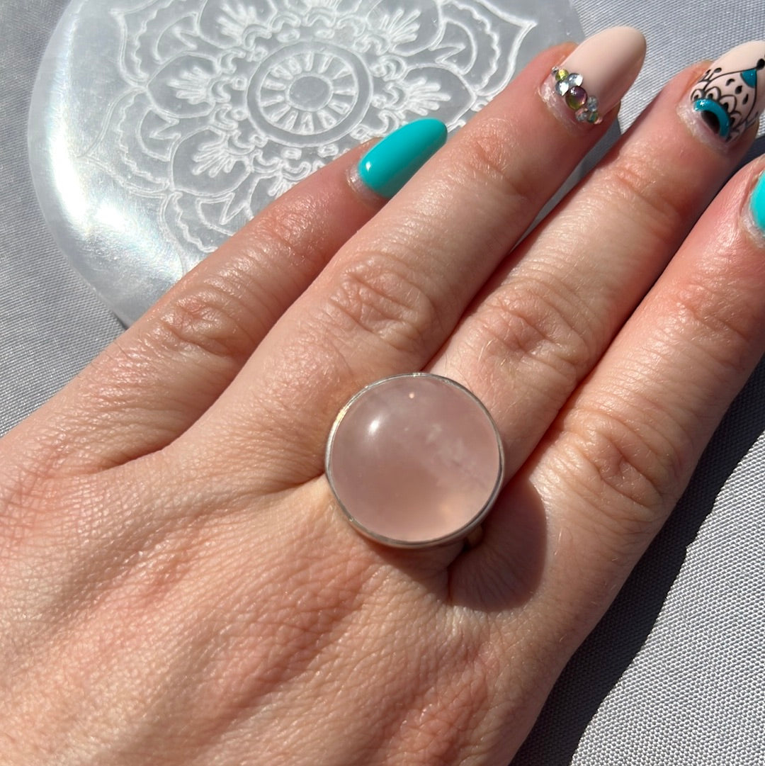 Rose Quartz 925 Sterling Silver Ring - Size P 1/2