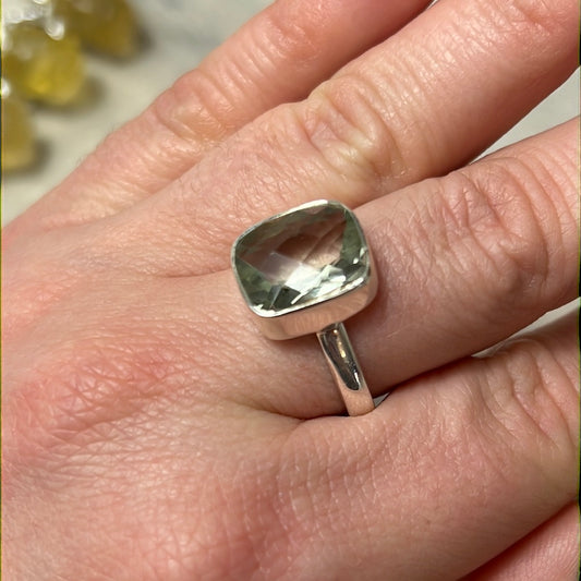 Prasolite (Green Amethyst) Facet 925 Sterling Silver Ring - Size P 1/2