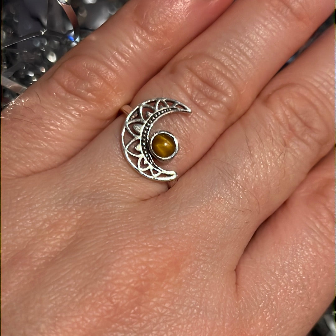 Tigers Eye Delicate Moon 925 Silver Ring -  Size N 1/2 - O