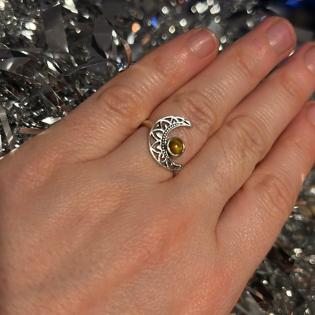 Tigers Eye Delicate Moon 925 Silver Ring -  Size N 1/2 - O