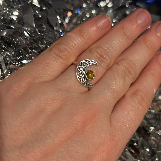Tigers Eye Delicate Moon 925 Silver Ring -  Size N 1/2 - O