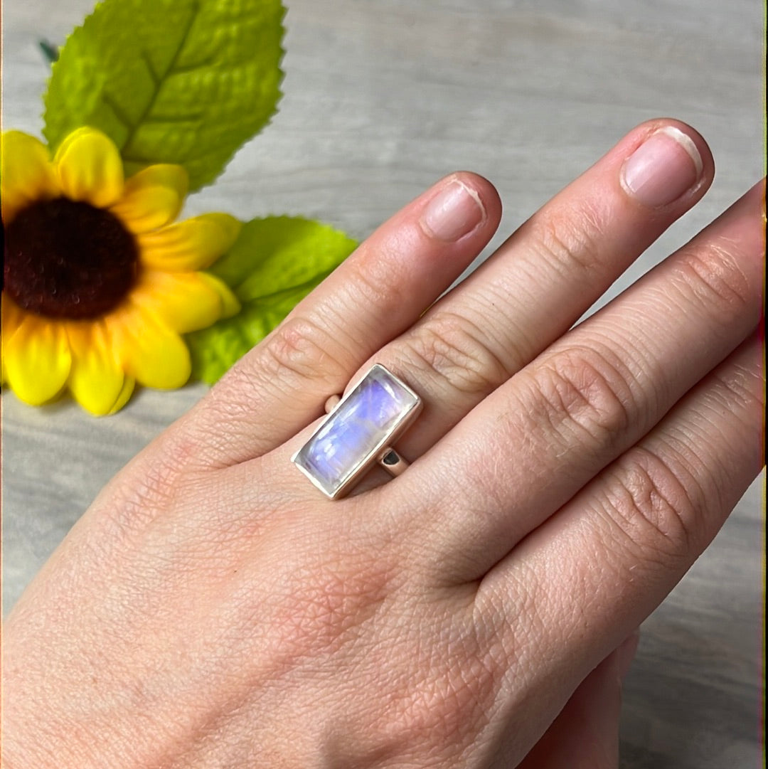 Rainbow Moonstone  AA GRADE 925 Silver Ring -  Size L