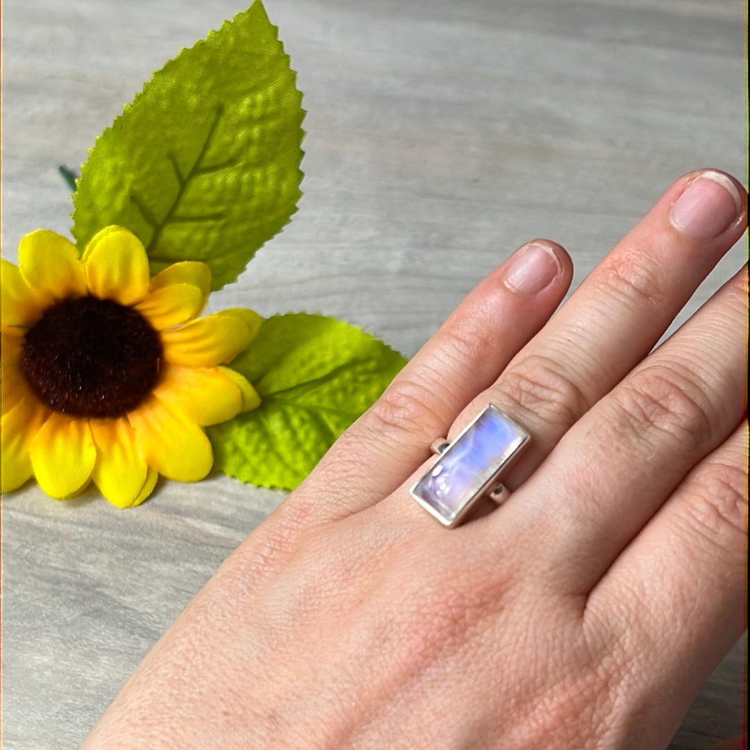 Rainbow Moonstone  AA GRADE 925 Silver Ring -  Size L