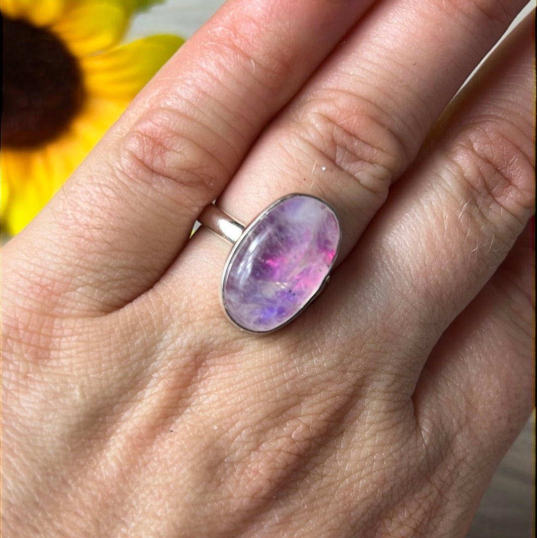 Pink Moonstone 925 Silver Ring -  Size L 1/2
