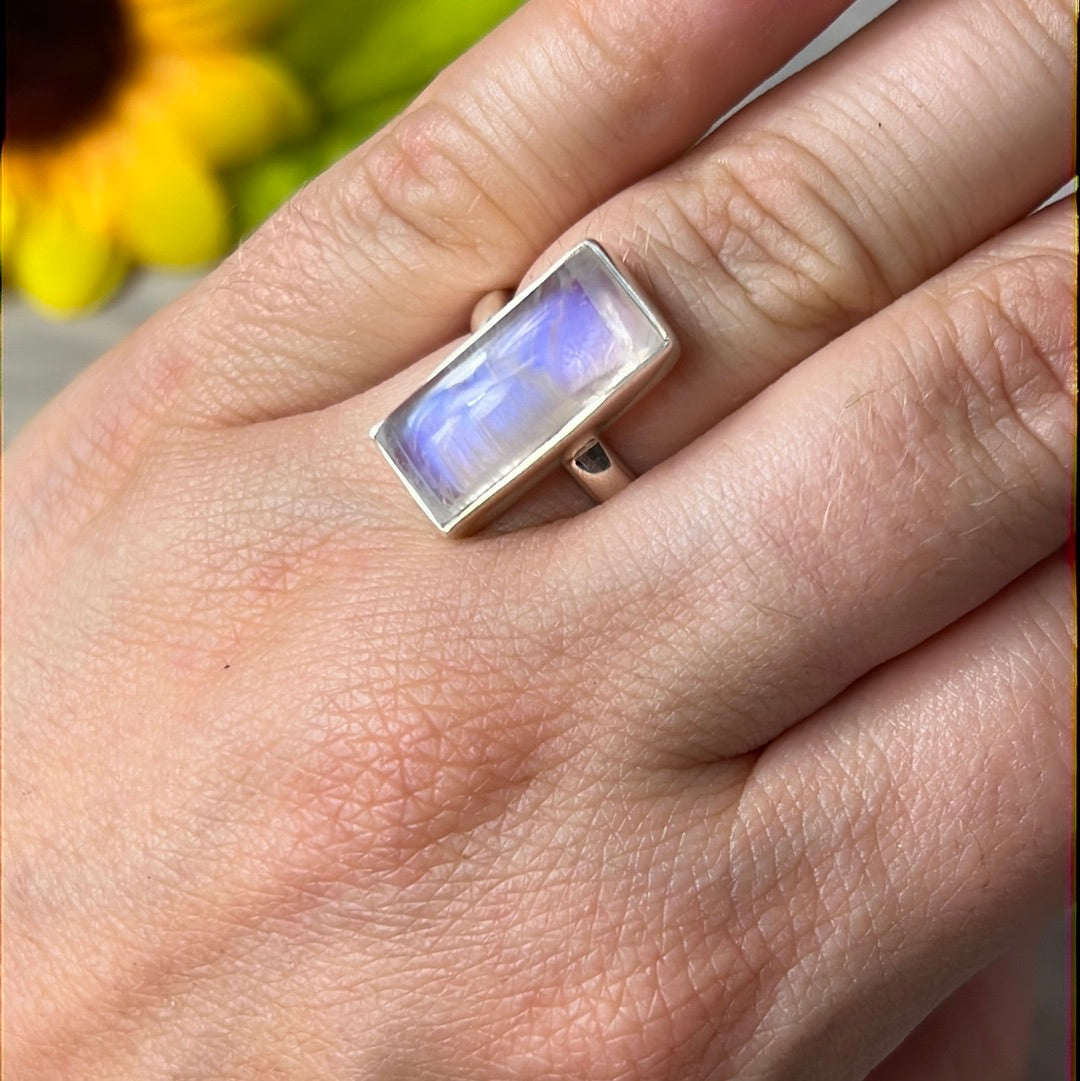 Rainbow Moonstone  AA GRADE 925 Silver Ring -  Size L