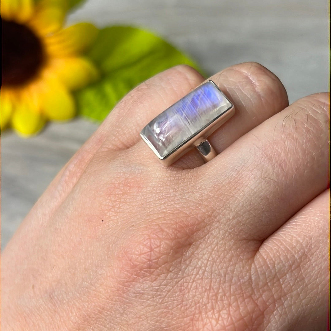 Rainbow Moonstone  AA GRADE 925 Silver Ring -  Size L