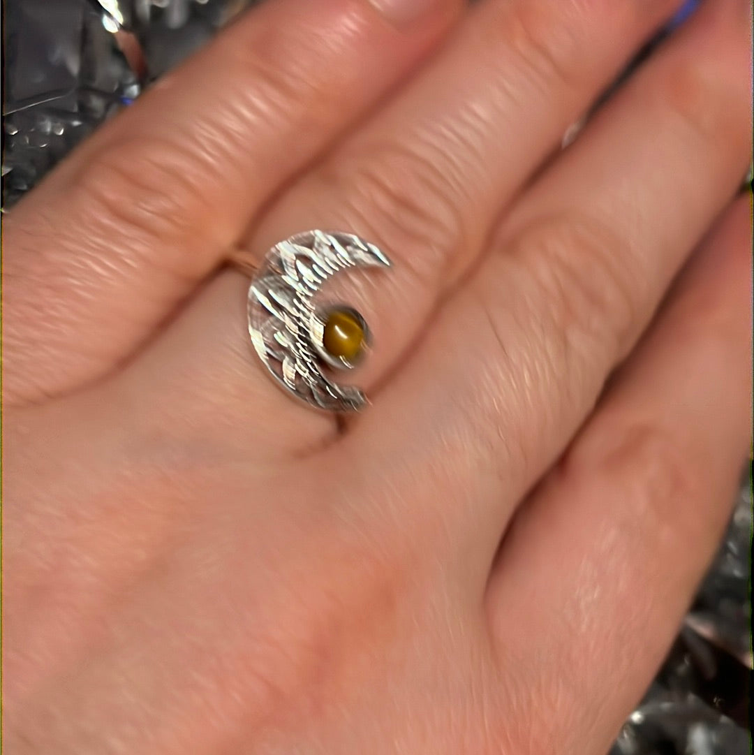 Tigers Eye Delicate Moon 925 Silver Ring -  Size N 1/2 - O