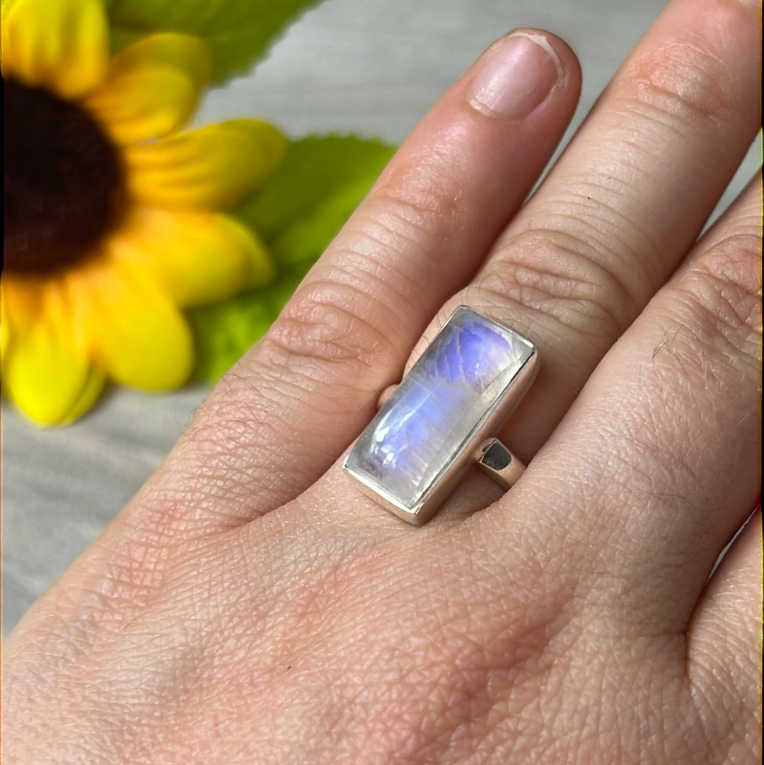 Rainbow Moonstone  AA GRADE 925 Silver Ring -  Size L