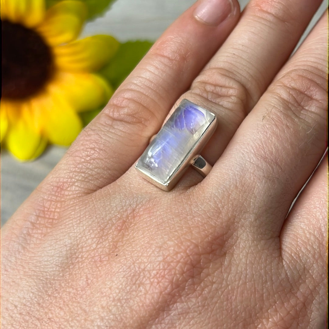 Rainbow Moonstone  AA GRADE 925 Silver Ring -  Size L