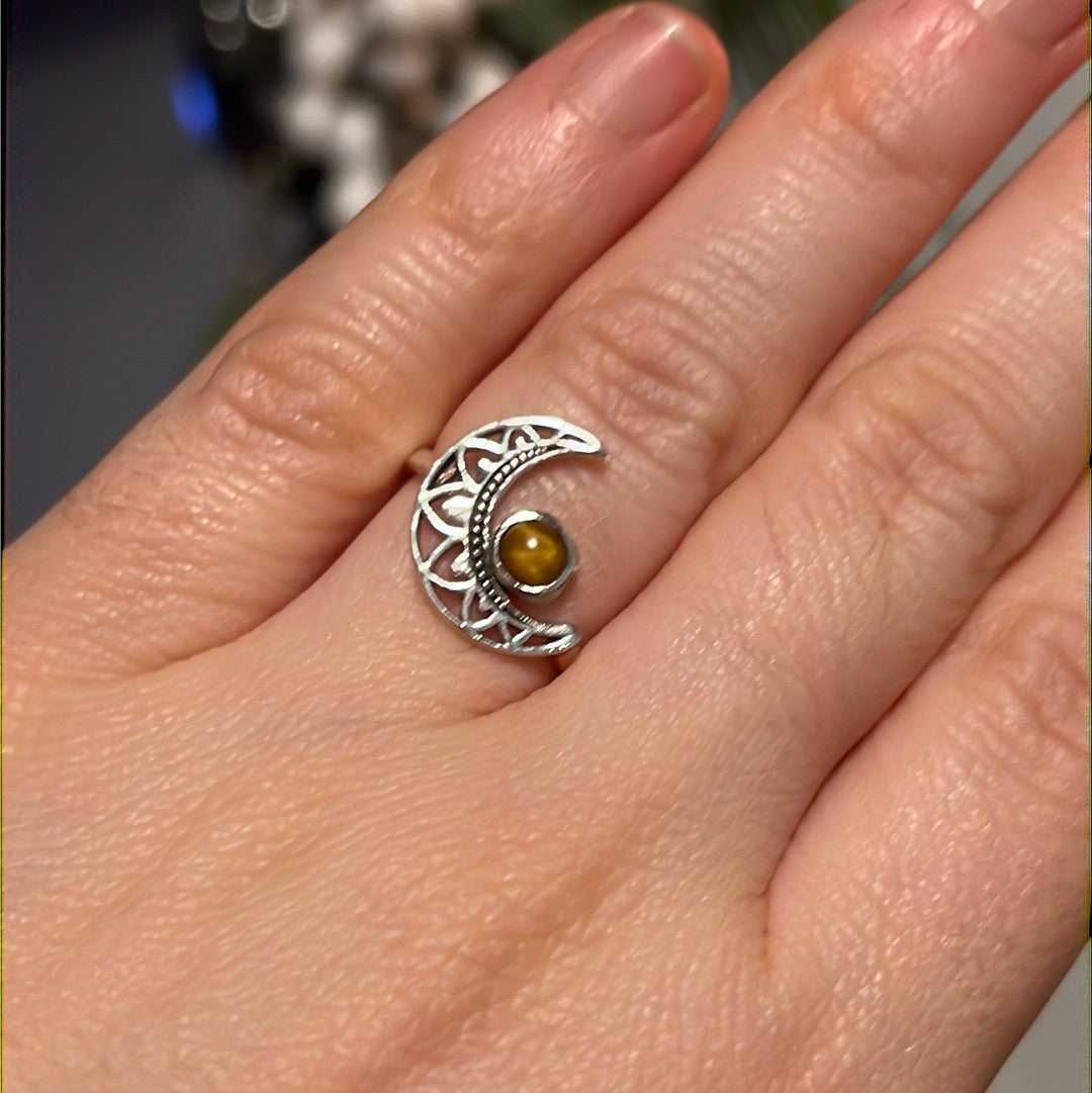 Tigers Eye Delicate Moon 925 Silver Ring -  Size N 1/2 - O