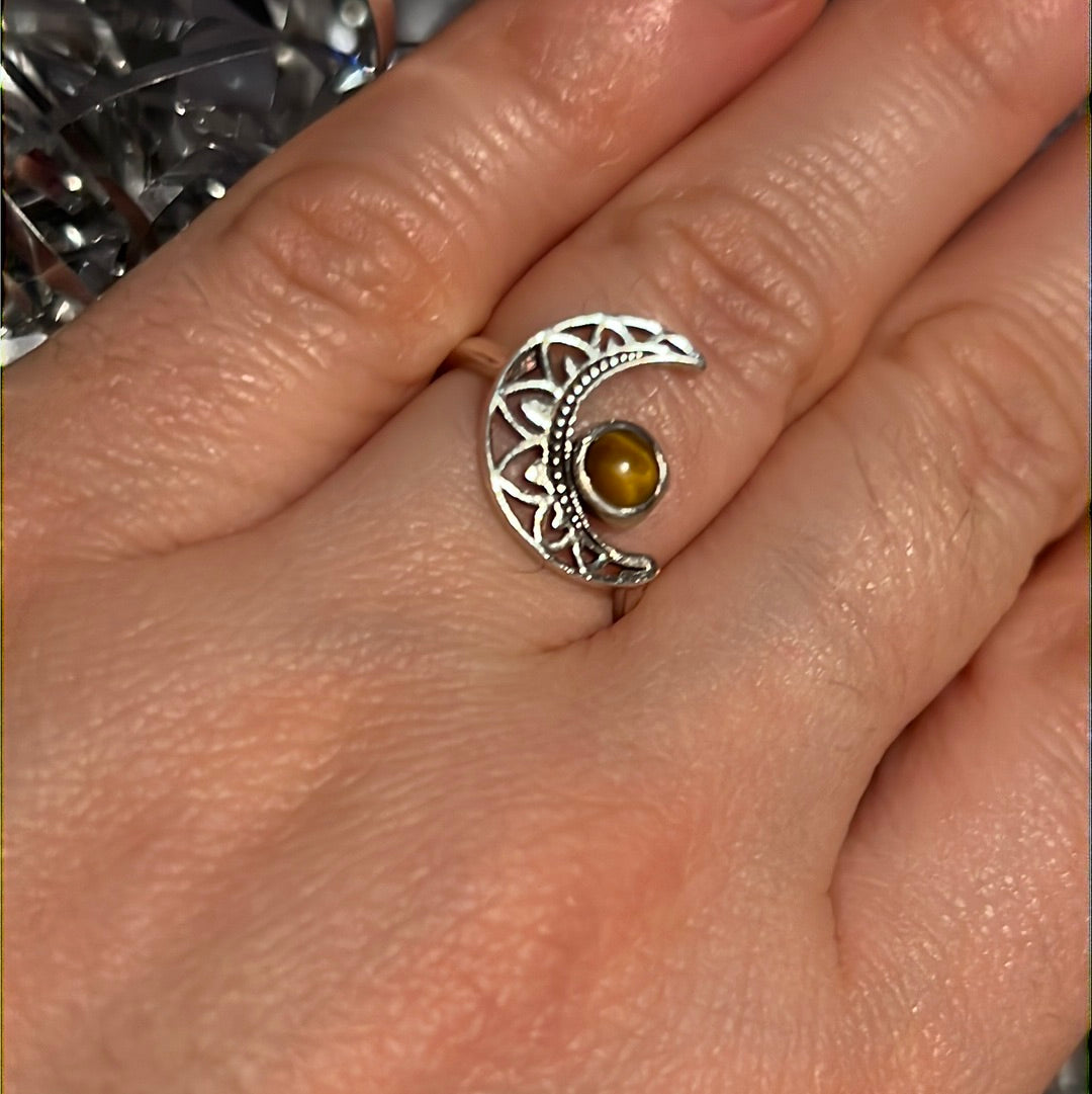 Tigers Eye Delicate Moon 925 Silver Ring -  Size N 1/2 - O