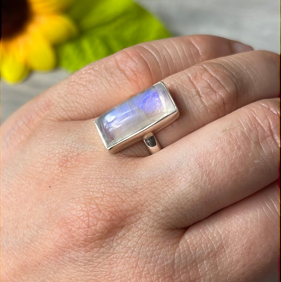 Rainbow Moonstone  AA GRADE 925 Silver Ring -  Size L